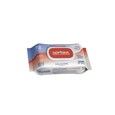 SEPTANIL LINGETTES DESINFECTANTES SOLUTION HYDROALCOOLIQUE 70% ALCOOL 72 LINGETTES